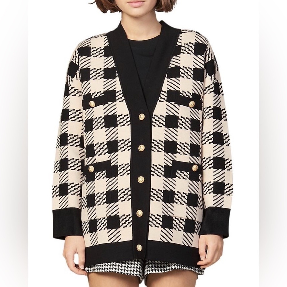 Checkered Knit Cardigan oversized Black Cream Gold Button V‑neck